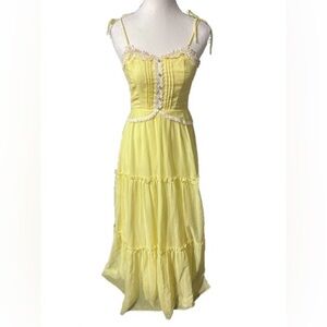 Vintage Yellow Prarie Dress Cottagecore 70s 80s Crocheted Lace Maxi Extra Small